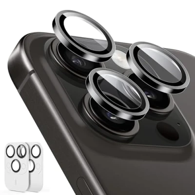 Abbildung von ESR Kamera Schutz für iPhone 15 Pro Max/15 Pro/14 Max/14 Pro，Armorite Einzel Linsen Schutzfolien, kratzfestes, ultradünnes gehärtetes Glas mit Aluminiumkante, Armorite Serie, 2 Stück, Schwarz