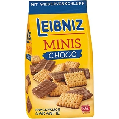 Abbildung von LEIBNIZ Minis Choco, 12er Pack, knusprige Kekse mit Milchschokolade im Kleinformat, Großpackung als Vorrat oder zum Verkauf (12 x 125 g)