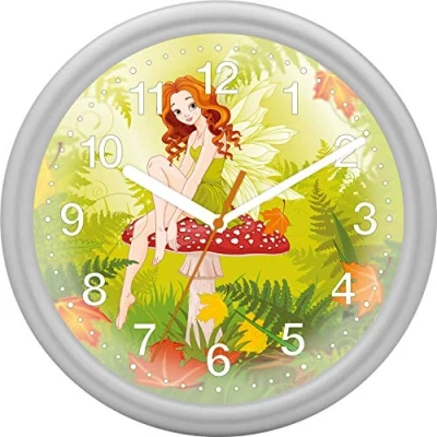 Abbildung von Eurotime Wanduhr für Mädchen mit Pilz Fee, Silber, Quarzwanduhr, 25 cm, Kunststoffgehäuse und Kunststoffglas, 12 Zahlen Zifferblatt, geräuscharme Uhr, kein Ticken, 82028 07