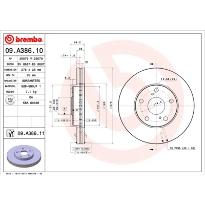 Abbildung von BREMBO COATED DISC LINE 09.A386.11 Bremsscheibe 275 28 5 innenbelüftet beschichtet TOYOTA: Avensis Verso, Previa / Estima II, Camry IV Limousine