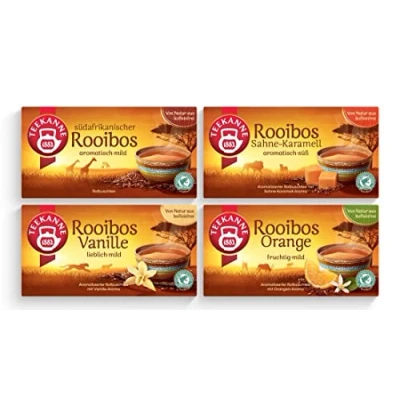Abbildung von Teekanne Rooibos Tee 4 verschiedene Sorten Südafrikaner Rooibos, Roobios Sahne Karamell, Vanille, Orange (je 20 Teebeutel)