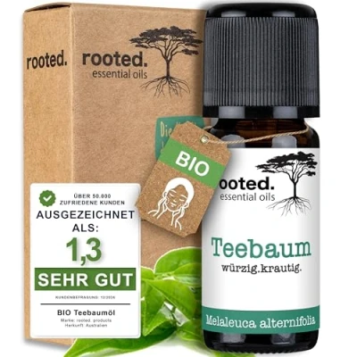 Abbildung von rooted.® BIO Teebaumöl 10ml [100% NATURREIN] Gesicht und Hautpflege Tea Tree Oil Ätherisches Öl Gegen Pickel, Akne, unreine Haut, Nagel Aromatherapie, Duftlampe