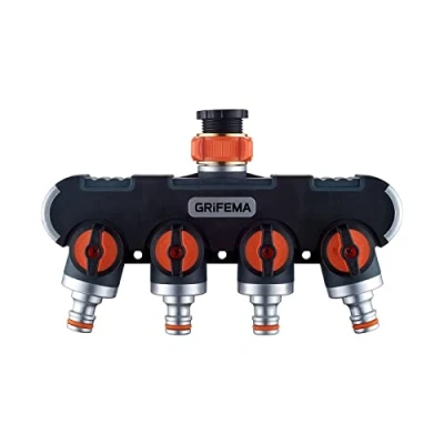 Abbildung von GRIFEMA 4 Wege Verteiler, 3/4 Zoll und 1/2 Wasseranschluss Geräte Können Gleichzeitig Verbunden Werden, Einstellbarer Wasserdurchfluss, Orange / Schwarz