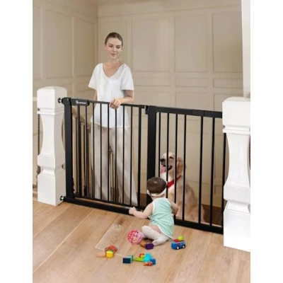 Abbildung von COMOMY 75 131cm Treppenschutzgitter Ohne Bohren, Türschutzgitter Automatisches Schließen mit Grün/Rotem Schild, Baby schutzgitter Kindergitter Hundegitter für Treppe (76cm Hoch, Schwarz)