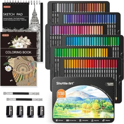 Abbildung von Shuttle Art 138 professionelles Buntstifte Set, Farbstifte auf Weichwachsbasis mit 1 Malbuch, Skizzenbuch, 4 Spitzern und 2 Stiftverlängerung, Holzstifte für Künstler, Kinder Erwachsene geeignet