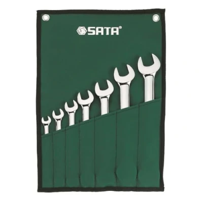Abbildung von SATA ST09070SJ Ringmaulschlüssel, Gabelringschlüssel, Gabelschlüssel, Schraubenschlüssel Set metrisch 8 19 mm poliert aus CR V Stahl in praktischer Roll Tasche 7 Tlg.