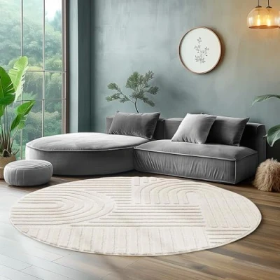 Abbildung von Hochflor Rund Teppich Wohnzimmer Küchenteppich Schlafzimmer Läufer Flur Skandi Boho 3D Design Flauschig Weich, Größe: 160 x cm Farbe: Creme