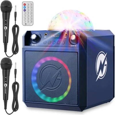 Abbildung von N GEAR Block Party 602 Karaoke Maschine und Musikbox Kinder 100 Watt, 6 Stunden Akku, Discokugel Licht, Bluetooth, USB/SD MP3, 2 Mikrofon Partybox &amp; Anlage mit Mikrofonen