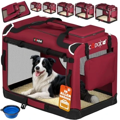 Abbildung von CADOCA® Hundebox faltbar Transportbox XL 82x56x58cm robust atmungsaktiv Transporttasche Auto Rückbank Haustiertransportbox Hundetragetasche Dunkelrot