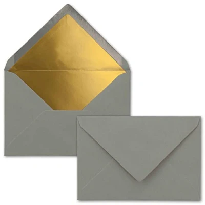 Abbildung von Kuverts Graphit Grau 50 Stück Brief Umschläge DIN C6 114 x 162 mm 11,4 16,2 cm Naßklebung matte Oberfläche &amp; Gold Metallic Fütterung ohne Fenster für Einladungen