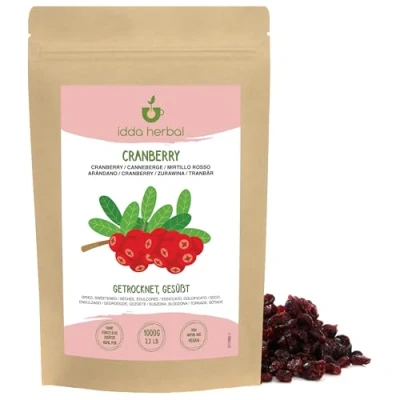 Abbildung von Cranberries getrocknet (1kg), Ganze Cranberry mit Apfelsaft gesüßt, Weich und zäh, Verzehrfertiger Fruchtsnack, Vegan