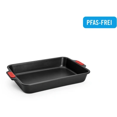 Abbildung von Woll Bakeware Backform rechteckig, 33 x 23 cm, mit hitzebeständigen Silikongriffen bis 230C, PFAS frei, zweilagige Antihaftbeschichtung, aluminisierter Stahl, schwarz