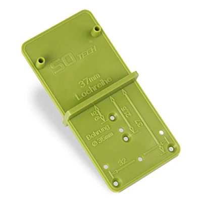 Abbildung von 2 Stück SO TECH® Bohrlehren EasyGreen Bohrschablonen für Topfbohrungen Ø 26 und 35 mm, 32er Lochreihen Exzenter Verbindungsbeschläge