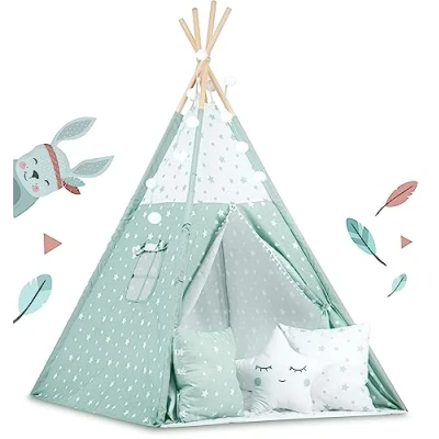 Abbildung von Nukido Tipi Zelt für Kinder Teepee Girlande Kissen Kinderzelt Kinderspielhaus Spielzelt Kinderhaus Drinnen und Draußen Spielmatte Weiß Grün