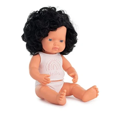 Abbildung von Miniland Dolls: europäische Babypuppe Mädchen mit schwarzen Locken, 38cm, aus weichem Vinyl, präsentiert Unterwäsche in Geschenkbox (31262), Natur