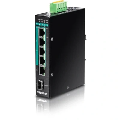 Abbildung von TRENDnet TI PG541 5 Port gehärteter industrieller Gigabit PoE + DIN Schienen Switch, 120 W Leistungsbudget, 1 x SFP Steckplatz, nicht verwalteter Ethernet Switch mit IP30 Nennleistung