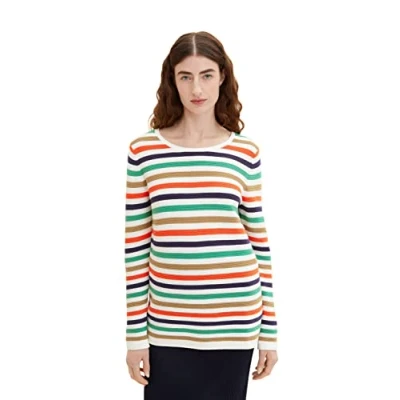 Abbildung von TOM Tailor KNIT Jumper WITH Round Neckline Strickpullover, Damen, Größe: XL, Navy green multicolor stripe