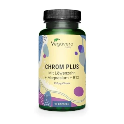 Abbildung von Chrom Kapseln Hochdosiert: 250 μg Picolinat &amp; Lynside® Mit Magnesium, B12, Löwenzahn Für den Blutzuckerspiegel* Deutsche Produktion von Vegavero® Ohne Zusatzstoffe 90 Stück