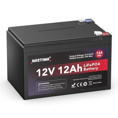 Abbildung von NASTIMA 12V 12Ah LiFePO4 144Wh Wiederaufladbare Batterie Mit BMS Schutz und 4000 Deep Cycle Wartungsfrei, Geeignet für Solarpanel Kits, Kinderwagen, Wohnmobile, Boote, Camping, Fischfinder