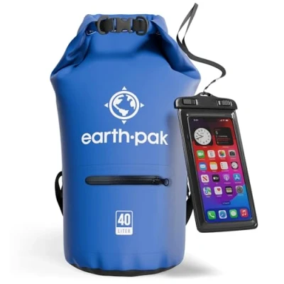Abbildung von Earth Pak Dry Bag wasserdichter Packsack mit Reißverschluss Tasche, Schultergurt und wasserfester Handyhülle ideal beim Kajak Fahren, Camping, Angeln, Bootfahren Rafting