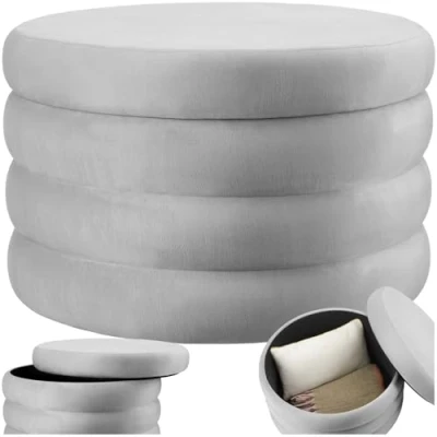 Abbildung von tectake® Hocker mit Stauraum, XL Scandi Sitzhocker Samt Stoff, Pouf, Polsterhocker rund für Schminktisch, Schlafzimmer, Wohnzimmer Möbel, als Flur Stauhocker Wohnen Samtoptik grau