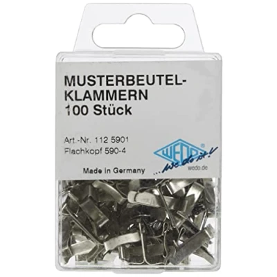 Abbildung von Wedo 1125901 Musterbeutelklammern (Flachkopf 590 4 in SB Klarsichtdose, 100 stück) silber