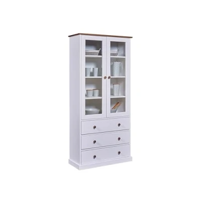 Abbildung von Inter Link Vitrinenschrank Buffet Schrank Geschirrschrank Esszimmerschrank Landhausstil Massivholz FSC 2 Türen 3 Schubladen Westerland 10 Weiß
