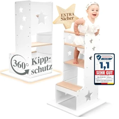 Abbildung von Kids Woody Star® Lernturm ab 1 Jahr [360 KIPPSCHUTZ] Höhenverstellbar Learning Tower Montessori Tritthocker Kinder Schemel Lernstuhl Lerntower Holz/Weiß