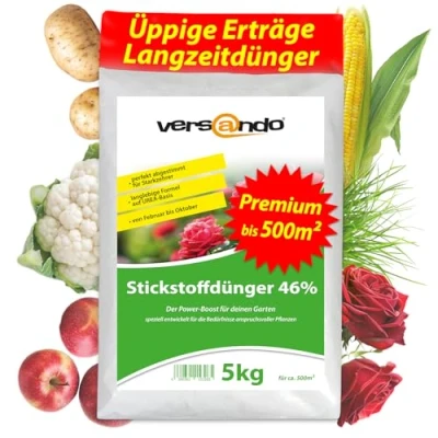 Abbildung von versando 5kg Stickstoffdünger bis 500m²: 46% UREA Stickstoff für Rasen, Gemüse, Blumen von Frühjahr Herbst, fördert üppiges Blattwachstum mit Langzeitwirkung Premium Qualität