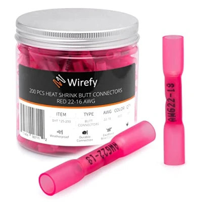 Abbildung von Wirefy Rote Stoßverbinder Kabelverbinder Wasserdicht im Set 3:1 Schrumpfrate Quetschverbinder Stoßfeste Verbinder Kfz als Alternative zu Lötverbinder 0,5 1,5 mm² 200 Stück