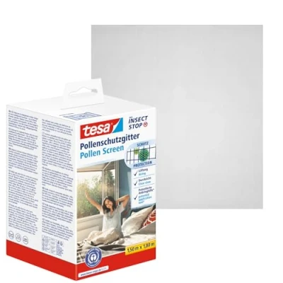Abbildung von tesa Pollenschutzgitter zuschneidbarer, transparenter Pollenschutz für Allergiker nach innen öffnende Fenster inkl. selbstklebendem Klettband Anthrazit 150 cm x 180