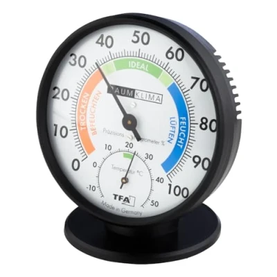 Abbildung von TFA Dostmann Präzisions Thermo Hygrometer,45.2033, zur Raumklimakontrolle, analog, mit Komfortzonen, Kontrolle von Temperatur und Luftfeuchtigkeit (schwarz)