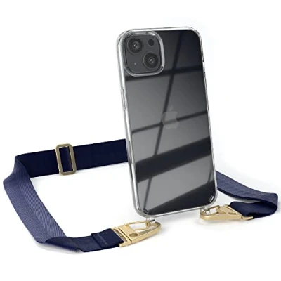 Abbildung von EAZY CASE Hülle mit Band kompatibel iPhone 13 Handyhülle Umhängeband für Silikonhülle Transparent Schutzhülle Handykette zum Umhängen Handykordel Smartphone in Blau Gold