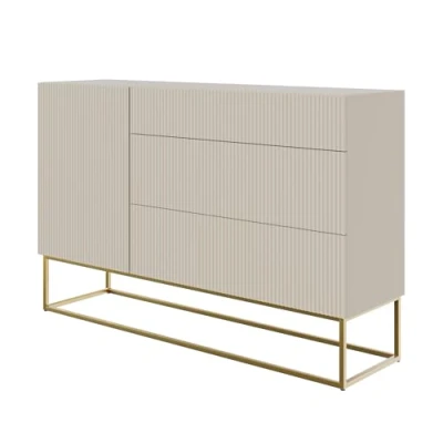 Abbildung von Selsey Kommode Schrank Aufbewahrungsschrank 140 cm Mit 3 Schubladen Und 1 Tür Graubeige Goldene Beine Veldio