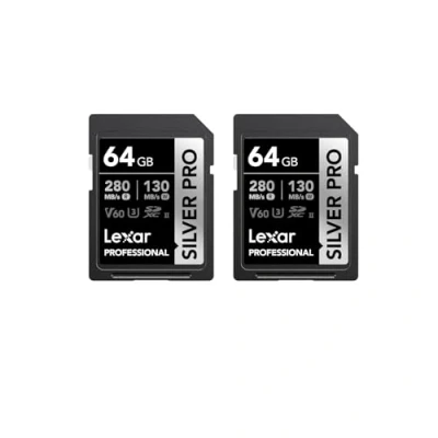 Abbildung von Lexar Silver PRO SD Karte 2x64GB, UHS II Speicherkarte, V60, U3, C10, bis zu 280MB/s Lesen, 130MB/s Schreiben, SDXC für DSLR/Kamera/Fotografen/Videofilmer/Enthusiasten (LSDSIPR064G B2NAA)