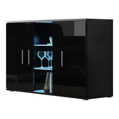 Abbildung von Mirjan24 Kommode Soho S7, Highboard, Anrichte, Mehrzweckschrank, Farbauswahl, Sideboard, Wohnzimmerschrank, Schrank, Wohnzimmer (Schwarz/Schwarz Hochglanz, mit Blauer LED Beleuchtung)