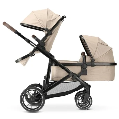 Abbildung von DERYAN Evy V2 Duo Kinderwagen Zwillingsbuggy mit Liegefunktion Kompakt Faltbar Inklusive 2 Liegewannen Nougat