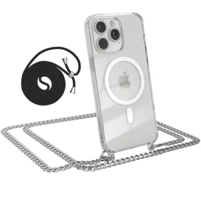 Abbildung von EAZY CASE Handykette kompatibel mit iPhone 15 Pro Max Kette zum Umhängen Stoßfest Handyhülle für Silikon Hülle Band aus Metall Transparent als Fallschutz in Silber