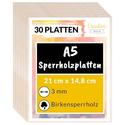 Abbildung von Creative Deco 30 x A5 Sperrholzplatte 3mm 148 210 (+/ 2) mm Birkensperrholz Dünne holz Zuschnitte Perfektes Blatt für Laubsäge, Brandmalerei, Laserschnitt, CNC Router, Durchbrochenes