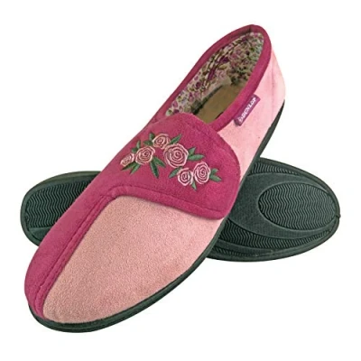 Abbildung von DUNLOP Damen Memory Foam Frottee Hausschuhe Klettverschluss mit Blumen für Senioren (38 EU, Dusky Pink)
