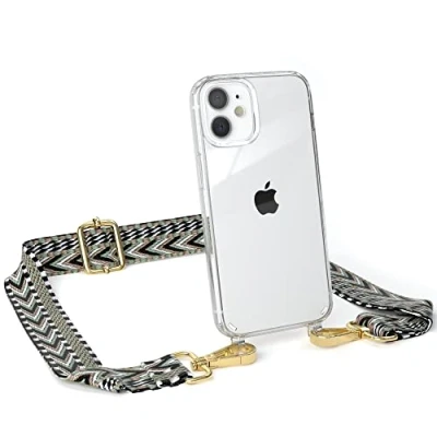 Abbildung von EAZY CASE Handykette Verstellbarer Trageriemen kompatibel mit iPhone 12 Mini, Schulterriemen, schmales Band, Handykordel, Riemen für Handyketten, Grün/Schwarz Metall Gold