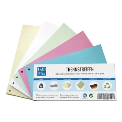 Abbildung von 220 Trennstreifen für Ordner A4, Pastellfarben, Trennblätter aus Recycling Karton Made in Germany, 5 Farben, gelocht