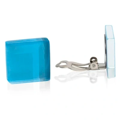 Abbildung von Statement Ohrclips Damen ohne Ohrlöcher Quadratische Clip Ohrringe in frischem Blau Handmade Edelstahl Schmuck aus Glas 20x20x3 mm