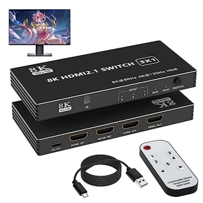 Abbildung von 8K HDMI 2.1 Switch 4K 120Hz Splitter Umschalter 3 In 1 Out Port Switcher Schalter Auto Selector mit IR Fernbedienung