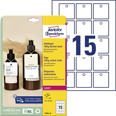 Abbildung von AVERY Zweckform T1002 10 stabile Anhänger 150 Stück inkl. Schnüre (50x50mm auf A4, beidseitig bedruckbare Produktanhänger, extra feine Perforation, Geschenkanhänger, Preisanhänger) Karton 185g, weiß