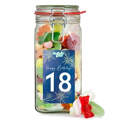 Abbildung von zum 18. Geburtstag Süßigkeitenglas bunter Süßigkeiten Mix im hochwertigen Geschenkglas, tolles Geschenk 18ten