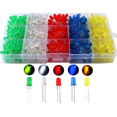 Abbildung von CESFONJER 500 PCS Led Leuchtdioden 5mm, Rund Farbe Dioden 5mm 2 poligen, (5 Farben x 100pcs), Sortiert Weiß/Rot/Gelb/Grün/Blau Kit Box Set