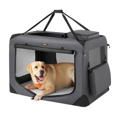 Abbildung von Feandrea Hundebox faltbar, Transportbox Hund, XXXL, Hundetasche, Oxford Gewebe, Netzstoff, atmungsaktiv tragbar transportabel, Metallrahmen, mit Griffen, Taschen, 102 x 69 cm, grau PDC10G01