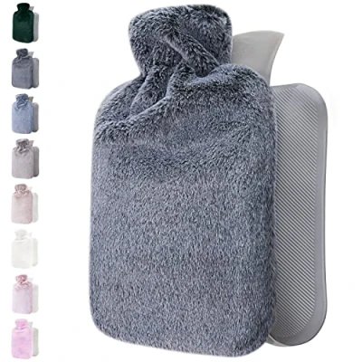 Abbildung von Wärmflasche mit weichem Bezug 2l Wärmeflasche groß 2 liter flauschig Bettflasche für Kinder und Erwachsene Warmflasche Geschenke Frauen (Dunkelgrau)