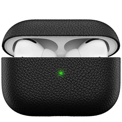 Abbildung von KeyBudz Artisan Leder Schutzhülle für Apple AirPods Pro Case, Etui, Ledertasche Echtleder, Kopfhörer Ohrhörer Zubehör, schwarz